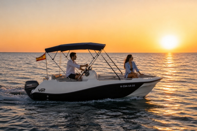 Navegando en barco en el atardecer de Barcelona