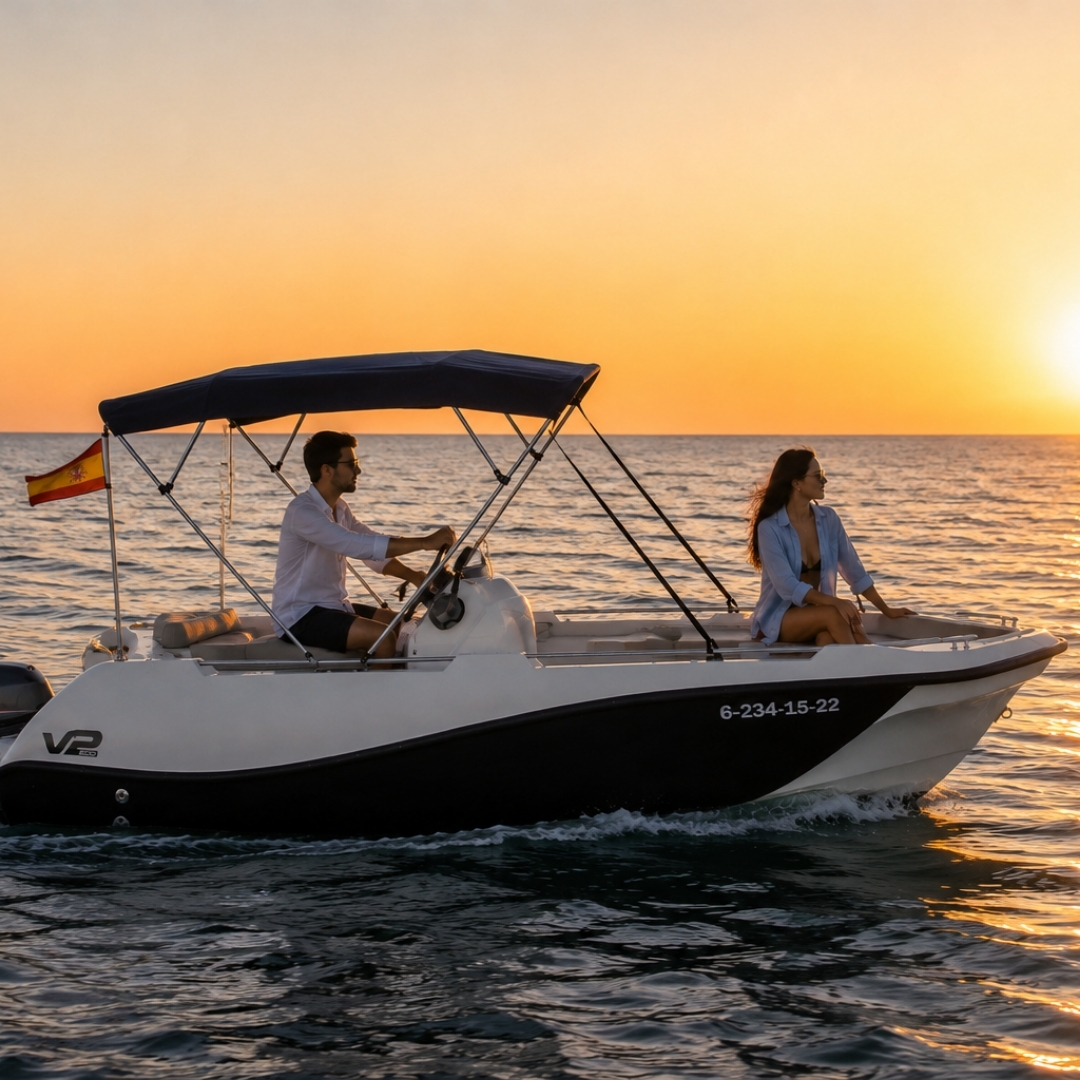 Conducir barco sin licencia al atardecer en Barcelona Experiencia sunset alquilando un barco sin licencia Barcelona