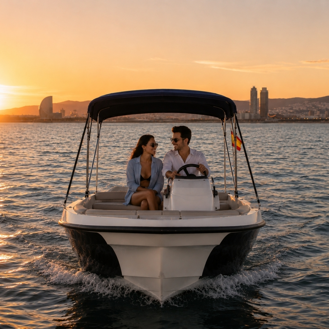 Conduce tu propio barco sin licencia en Barcelona Experiencia en barco atardecer ideal para parejas