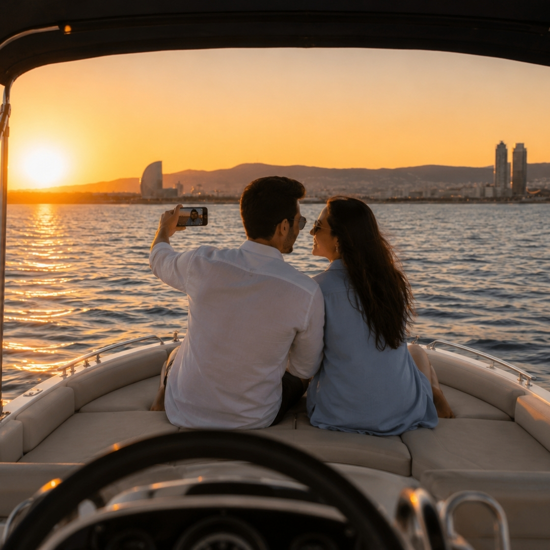 Navegar al atardecer en Barcelona Pareja haciéndose un selfie en la experiencia barco sin carnet en Barcelona